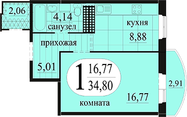 ЖК Новоантипинский (1 комнатная квартира ГП 18 16 этаж) 1 355 865 рублей